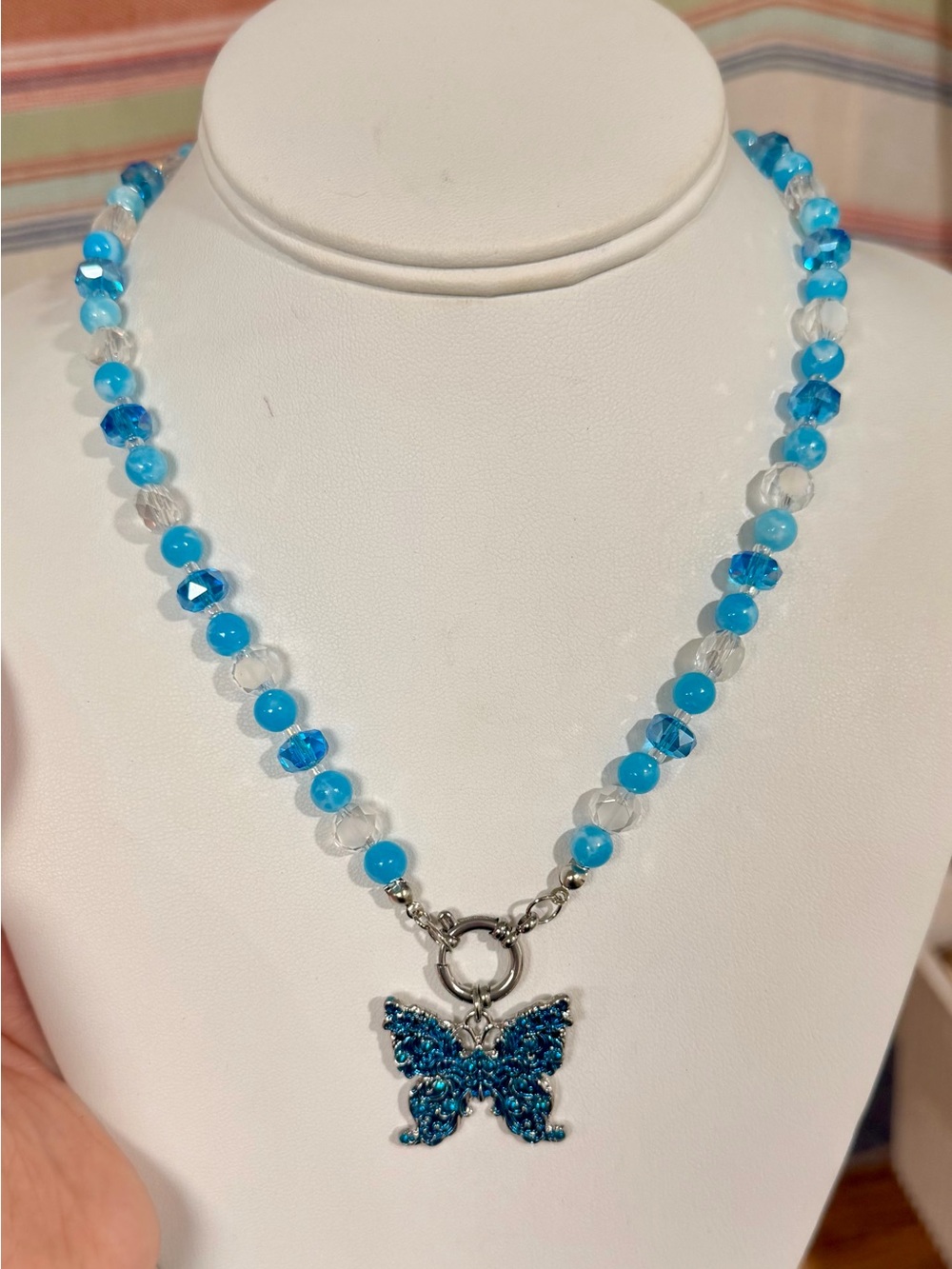 Bright Blue Beaded Necklace with Sparkling Butterfly Pendant